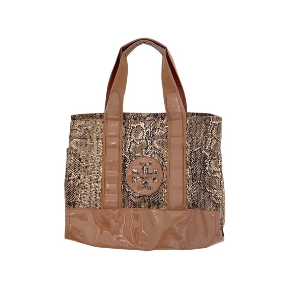 Tory Burch Elegant Snake print Tan Brown Patent Leather Canvas Shoulder Bag - Picture 2 of 14